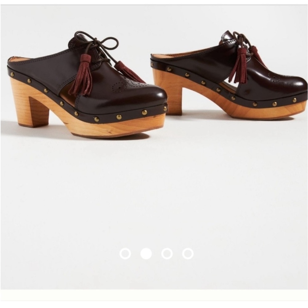 Anthropologie Brown Leather Tassel Clog Mules with Wooden Platform